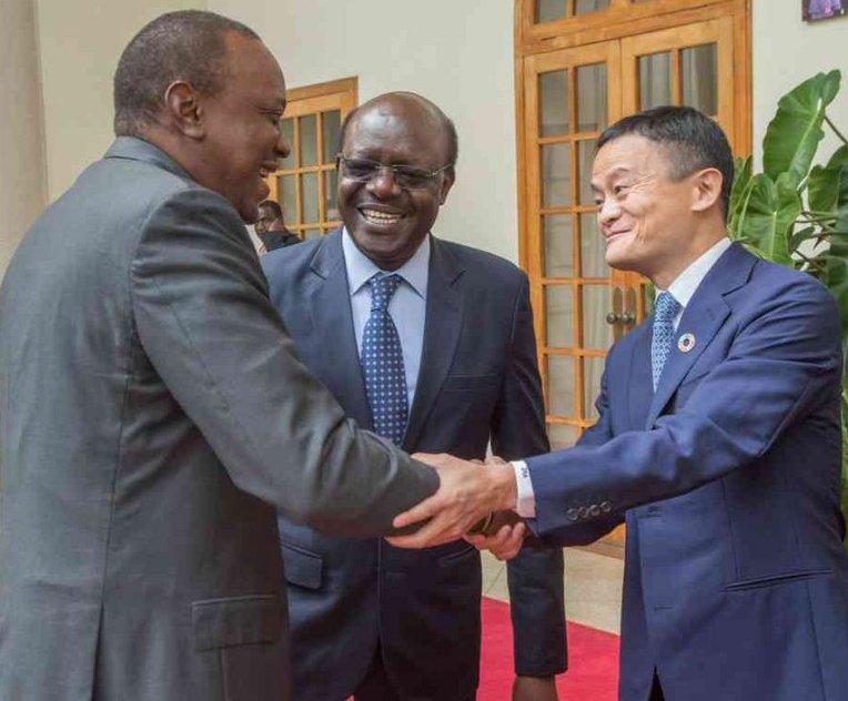 Uhuru Kenyatta, Kenya's President, receives Jack Ma at StateMukhisa Kituyi, UNCTAD's Secretary-General, looks on. House, Nairobi, as