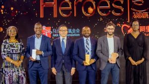 L-R: ABH Grand Finale Judge Ibukun Awosika, Founder of The Chair Centre Group; ABH 2023 Second Prize Winner Thomas Njeru, CEO and Co-Founder of Pula Advisors Limited; ABH Grand Finale Judge Joe Tsai, Chairman of Alibaba Group; ABH 2023 First Prize Winner Dr. Ikpeme Neto, CEO and Founder of Wellahealth Technologies; ABH 2023 Third Prize Winner Ayman Bazaraa, CEO and Co-Founder of Sprints; ABH Grand Finale Judge Dr. Diane Karusisi, CEO of Bank of Kigali